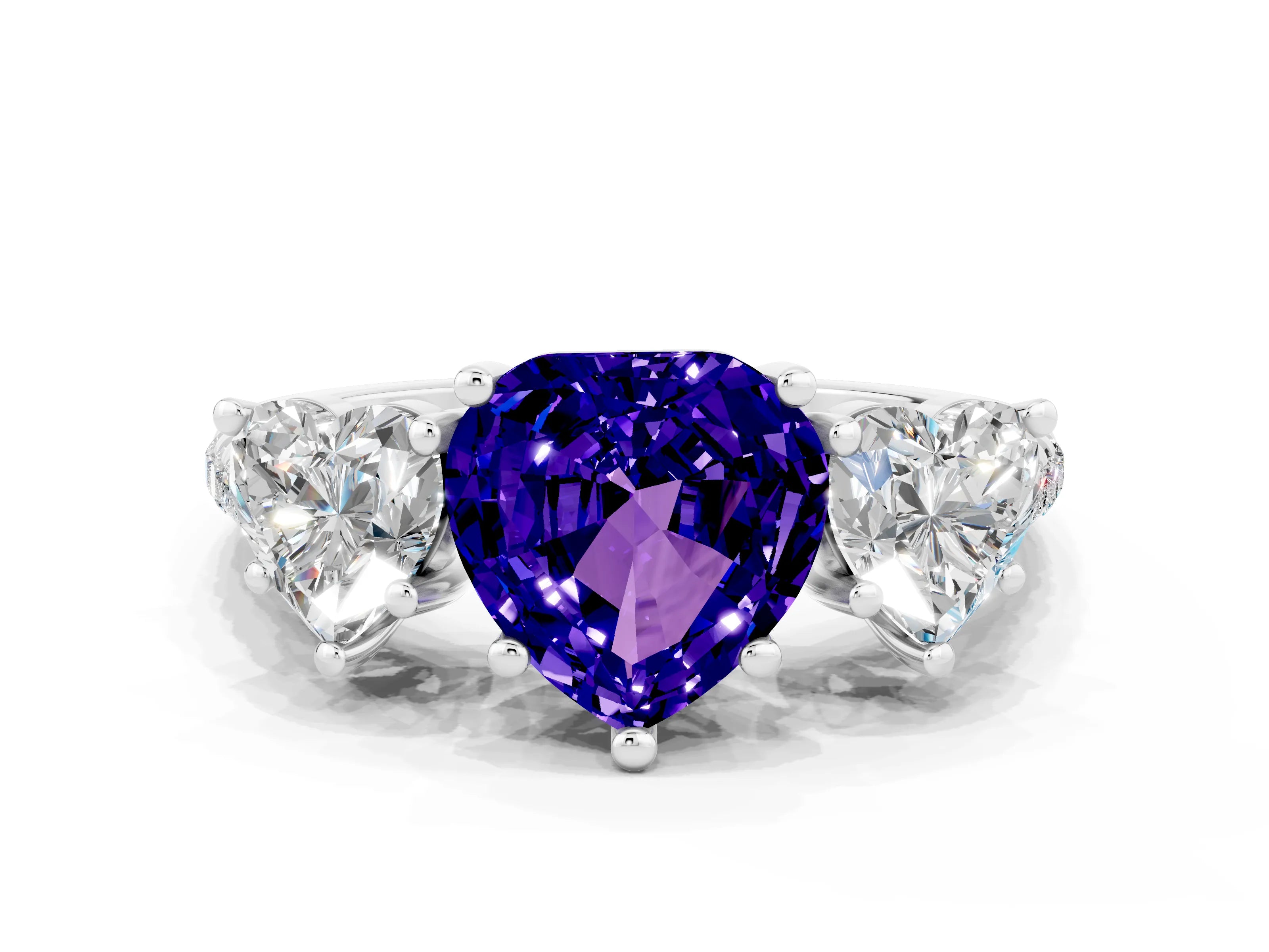 White gold Three-Stone Heart Cut Tanzanite Ring with Pavé Band and Prong Setting_12