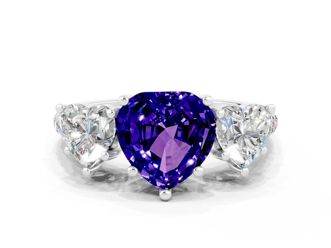 White gold Three-Stone Heart Cut Tanzanite Ring with Pavé Band and Prong Setting_12