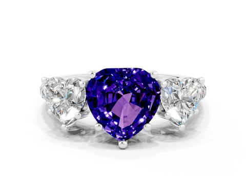 White gold Three-Stone Heart Cut Tanzanite Ring with Pavé Band and Prong Setting_12