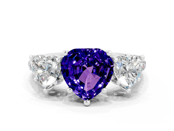 Silver Three-Stone Heart Cut Tanzanite Ring with Round  Pavé Band and Prong Setting