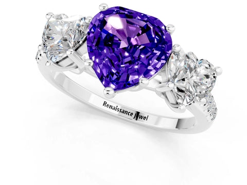 White gold Three-Stone Heart Cut Tanzanite Ring with Pavé Band and Prong Setting_13