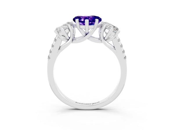 Platinum Three-Stone Heart Cut Tanzanite Ring with Round  Pavé Band and Prong Setting