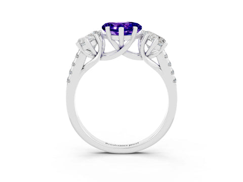 White gold Three-Stone Heart Cut Tanzanite Ring with Pavé Band and Prong Setting_15
