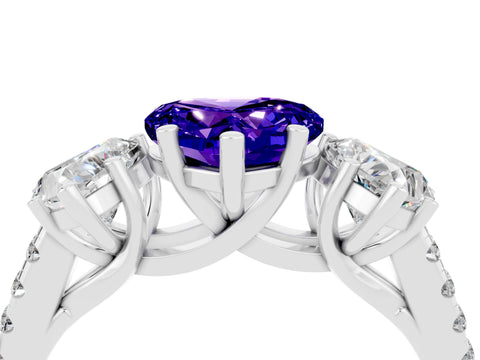 White gold Three-Stone Heart Cut Tanzanite Ring with Pavé Band and Prong Setting_16