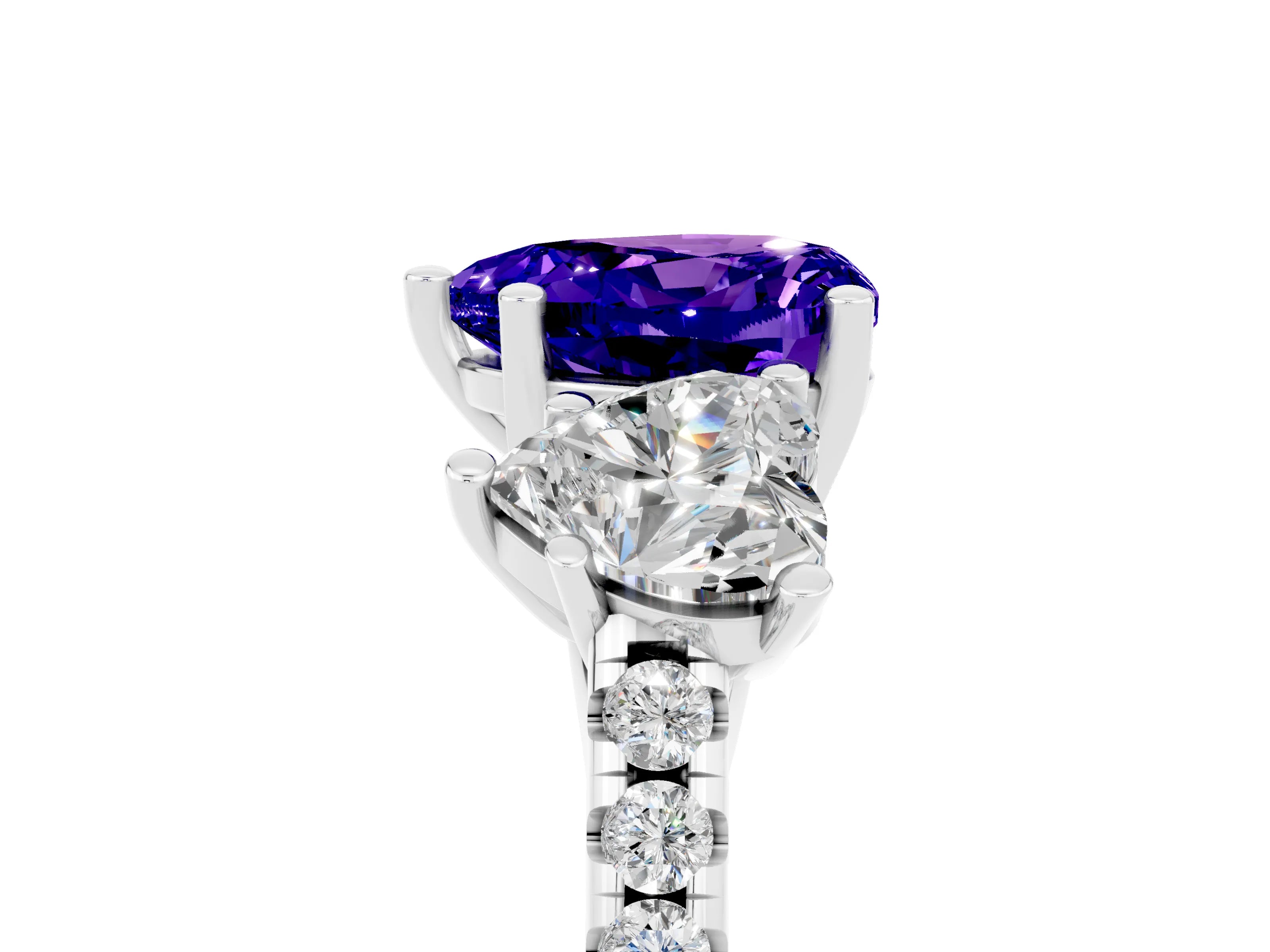 White gold Three-Stone Heart Cut Tanzanite Ring with Pavé Band and Prong Setting_17