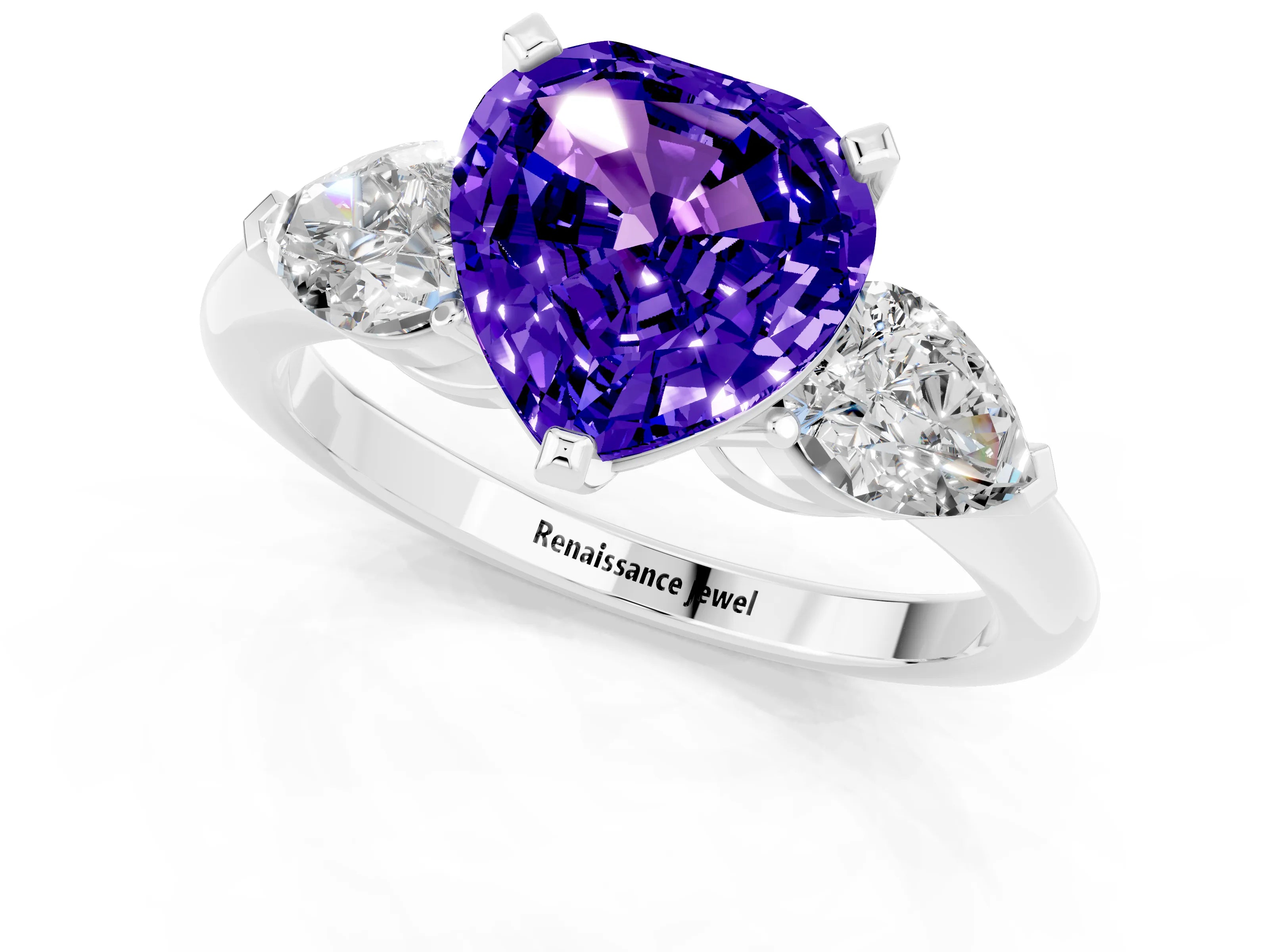 White gold Three-Stone Heart Cut Tanzanite Ring with Pear Side Stones and Four-Prong Setting_1