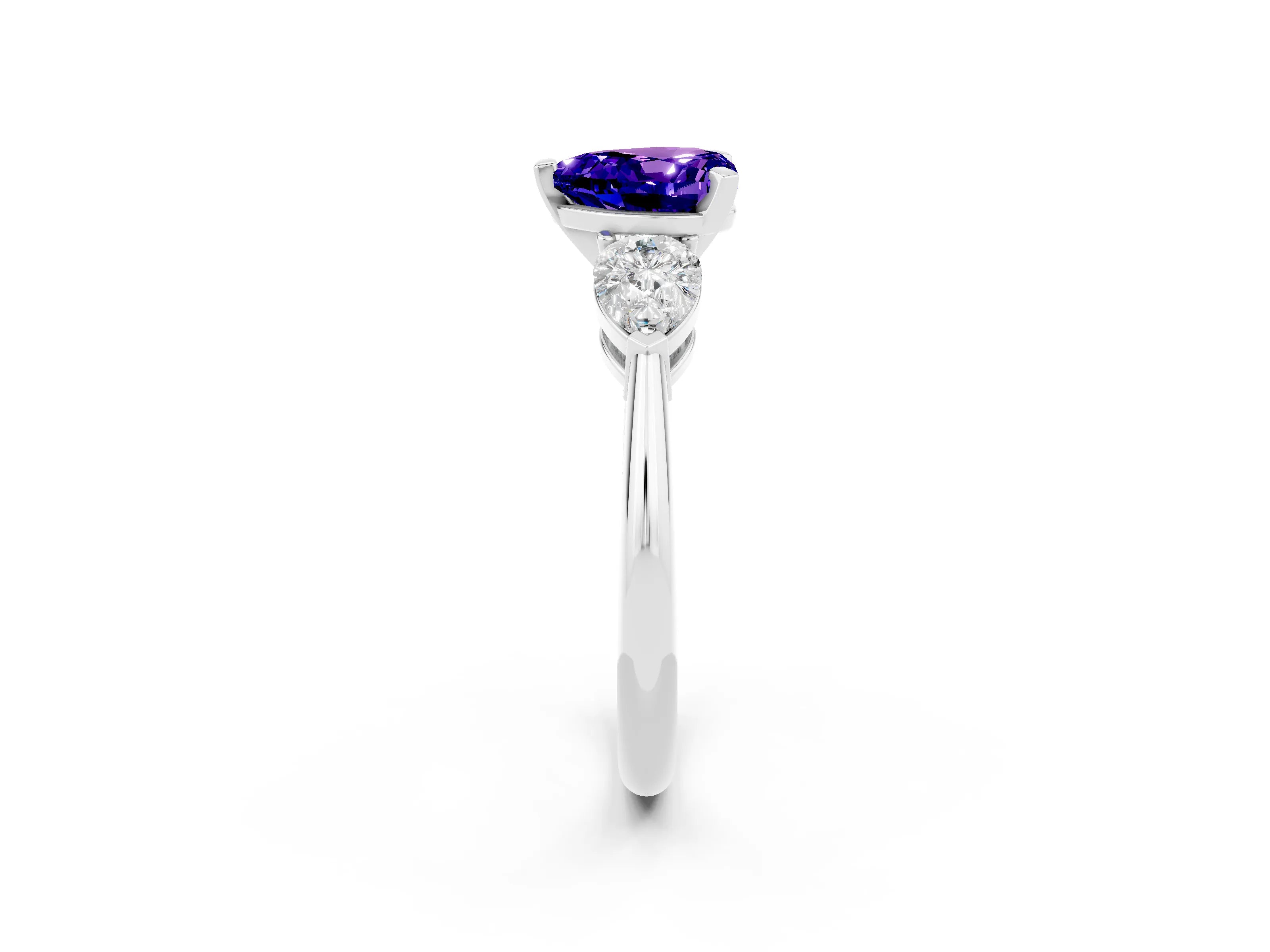 White gold Three-Stone Heart Cut Tanzanite Ring with Pear Side Stones and Four-Prong Setting_2