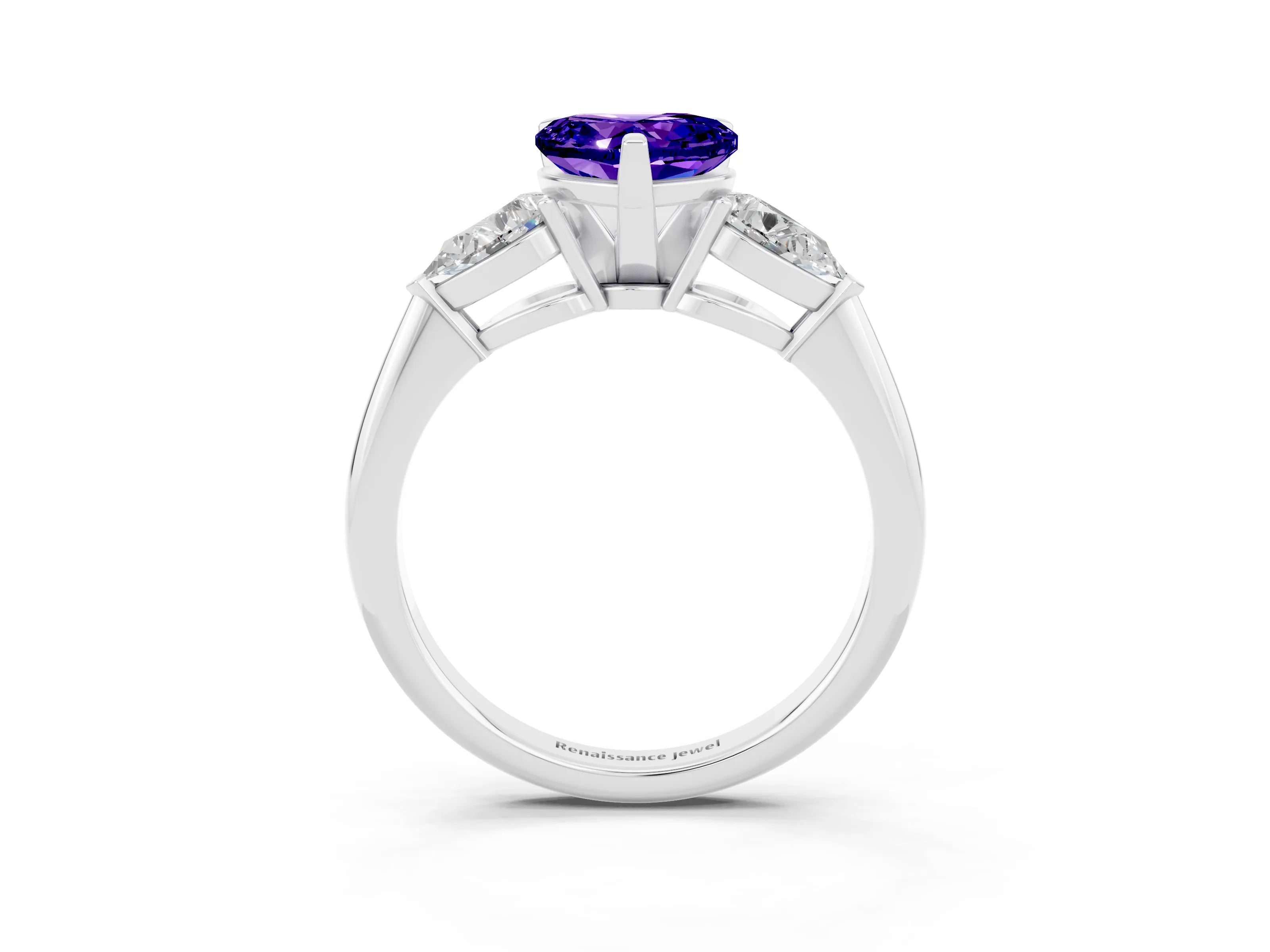 White gold Three-Stone Heart Cut Tanzanite Ring with Pear Side Stones and Four-Prong Setting_3