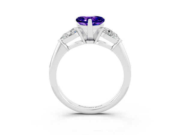 Silver Three-Stone Heart Cut Tanzanite Ring with Pear Side Stones and Four-Prong Setting
