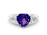 White gold Three-Stone Heart Cut Tanzanite Ring with Pear Side Stones and Four-Prong Setting