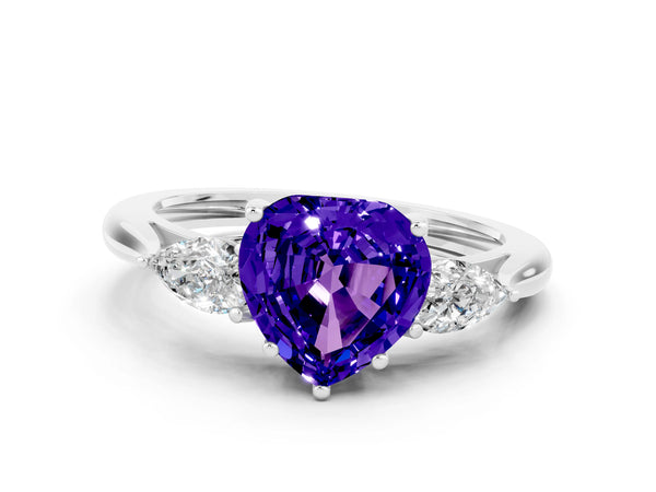 Platinum Three-Stone Heart Cut Tanzanite Ring with Pear  Side Stones in Four-Prong Setting