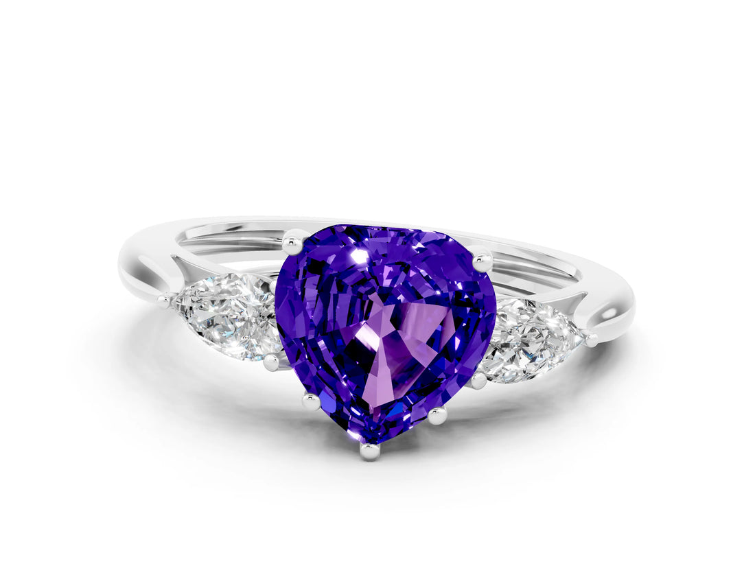 White gold Three-Stone Heart Cut Tanzanite Ring with Pear  Side Stones in Four-Prong Setting_12