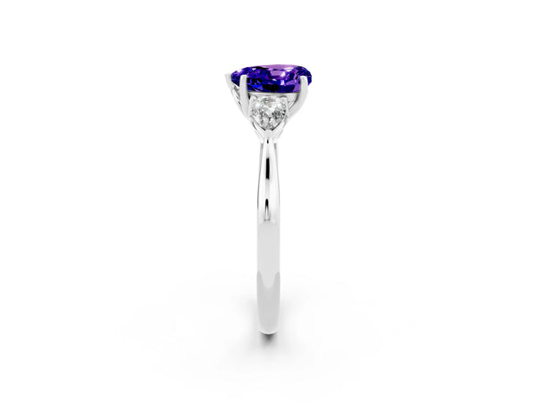 White gold Three-Stone Heart Cut Tanzanite Ring with Pear  Side Stones in Four-Prong Setting