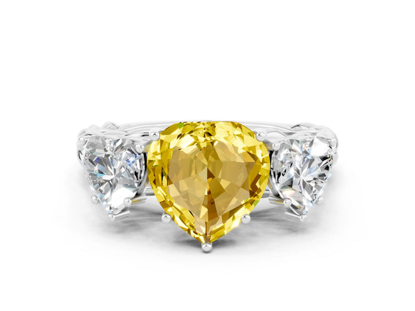 White gold Three-Stone Heart Cut Yellow Sapphire Braided Band Ring with Four-Prong Setting