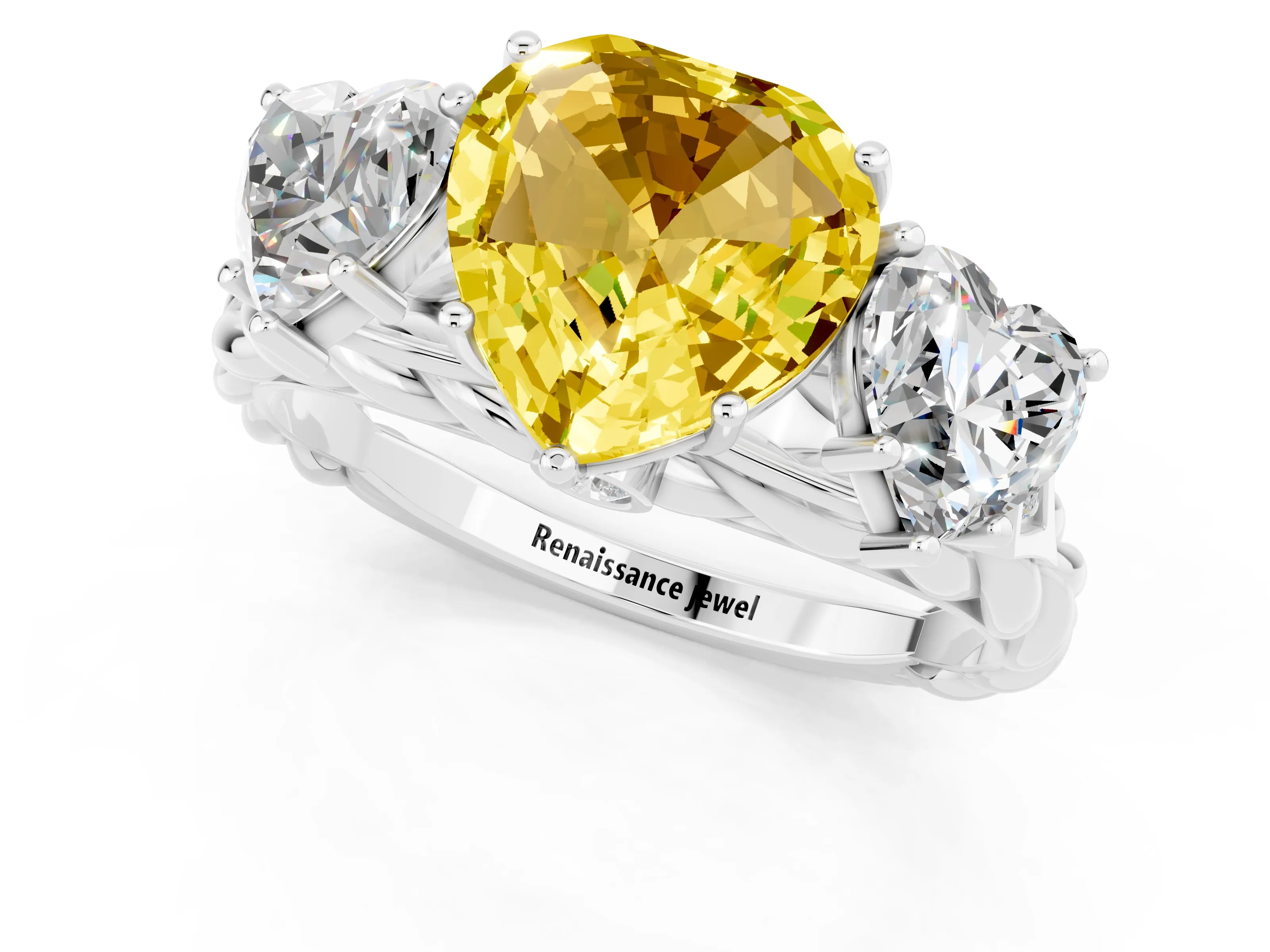 White gold Three-Stone Heart Cut Yellow Sapphire Braided Band Ring with Four-Prong Setting_37