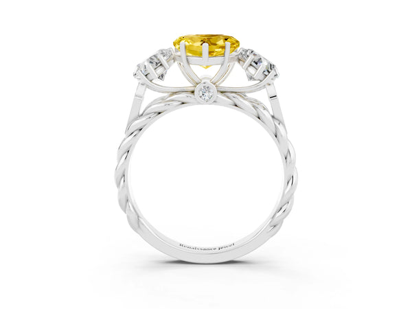White gold Three-Stone Heart Cut Yellow Sapphire Braided Band Ring with Four-Prong Setting