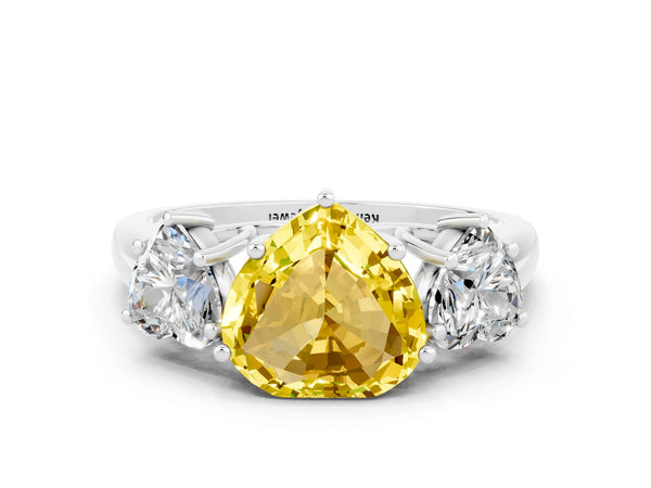 Silver Three-Stone Heart Cut Yellow Sapphire Engagement Ring with Prong Setting