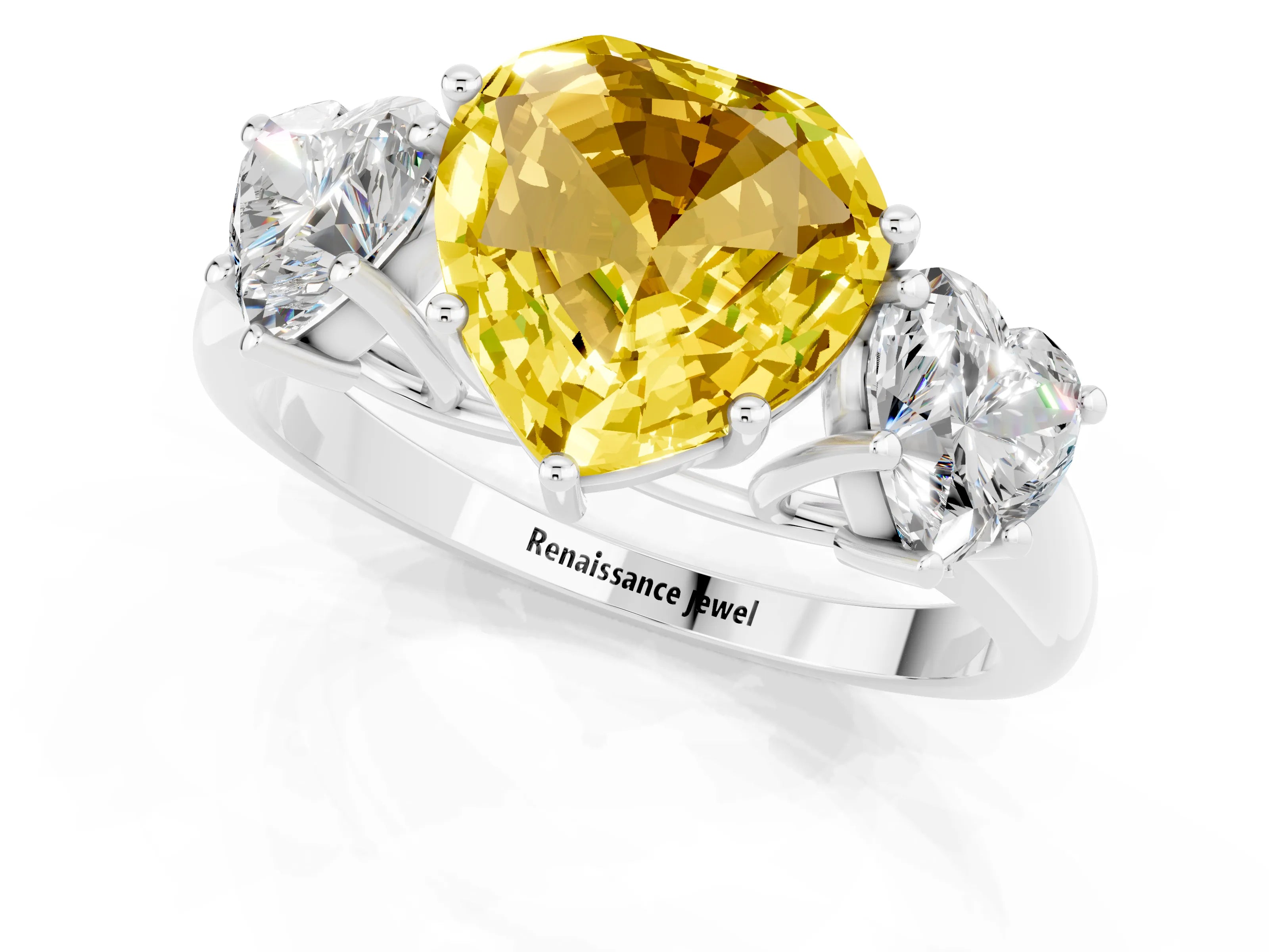 White gold Three-Stone Heart Cut Yellow Sapphire Engagement Ring with Prong Setting_1