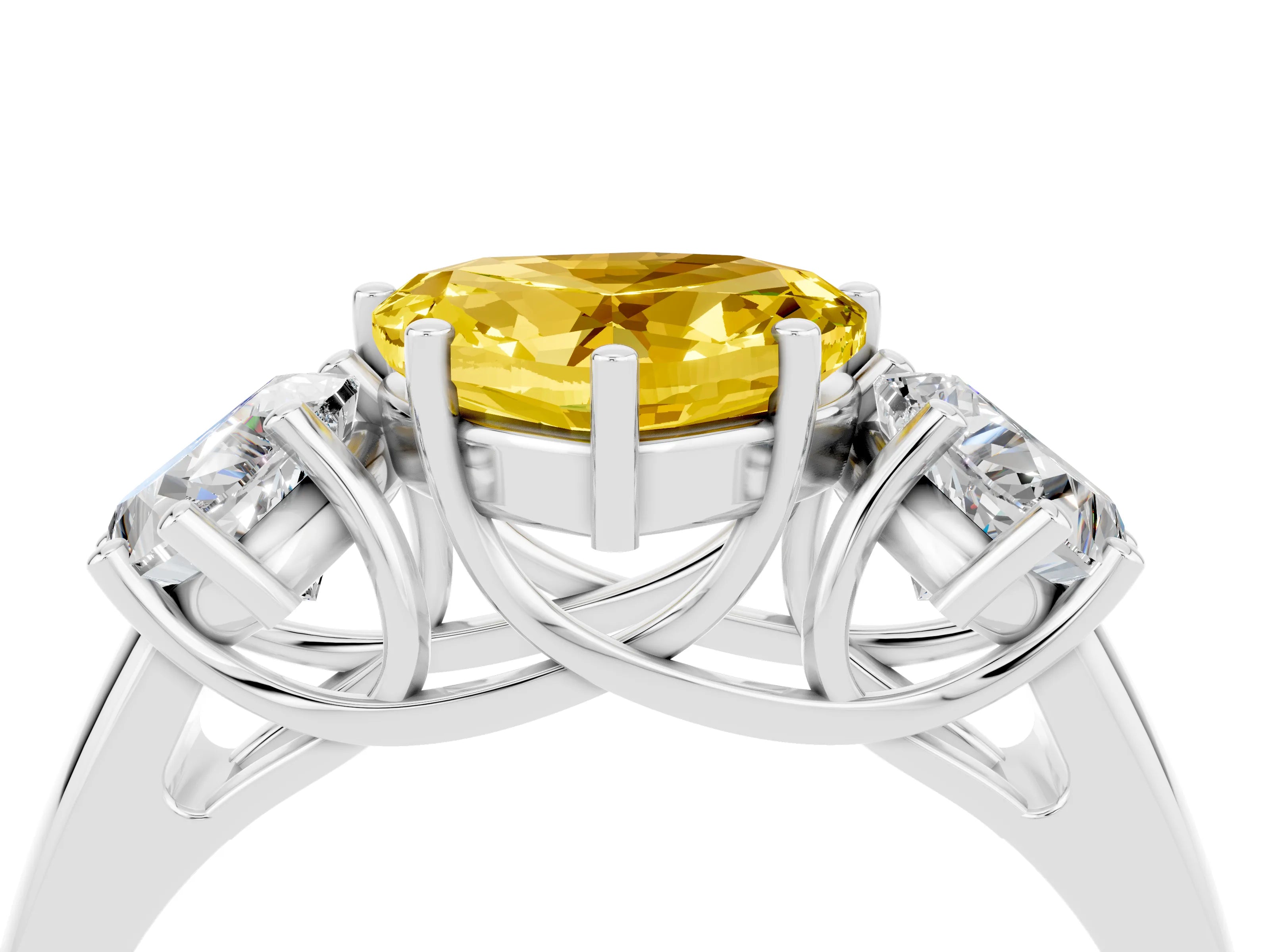 White gold Three-Stone Heart Cut Yellow Sapphire Engagement Ring with Prong Setting_4