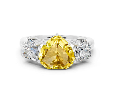 White gold Three-Stone Heart Cut Yellow Sapphire Engagement Ring with Prong Setting