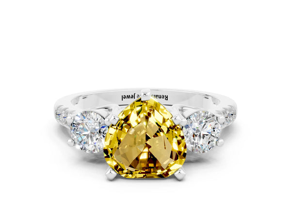 White gold Three-Stone Heart Cut Yellow Sapphire Pavé Band with Four-Prong Setting
