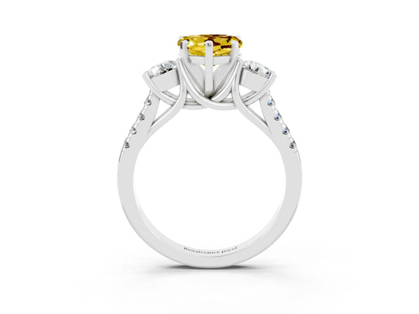 Silver Three-Stone Heart Cut Yellow Sapphire Pavé Band with Four-Prong Setting
