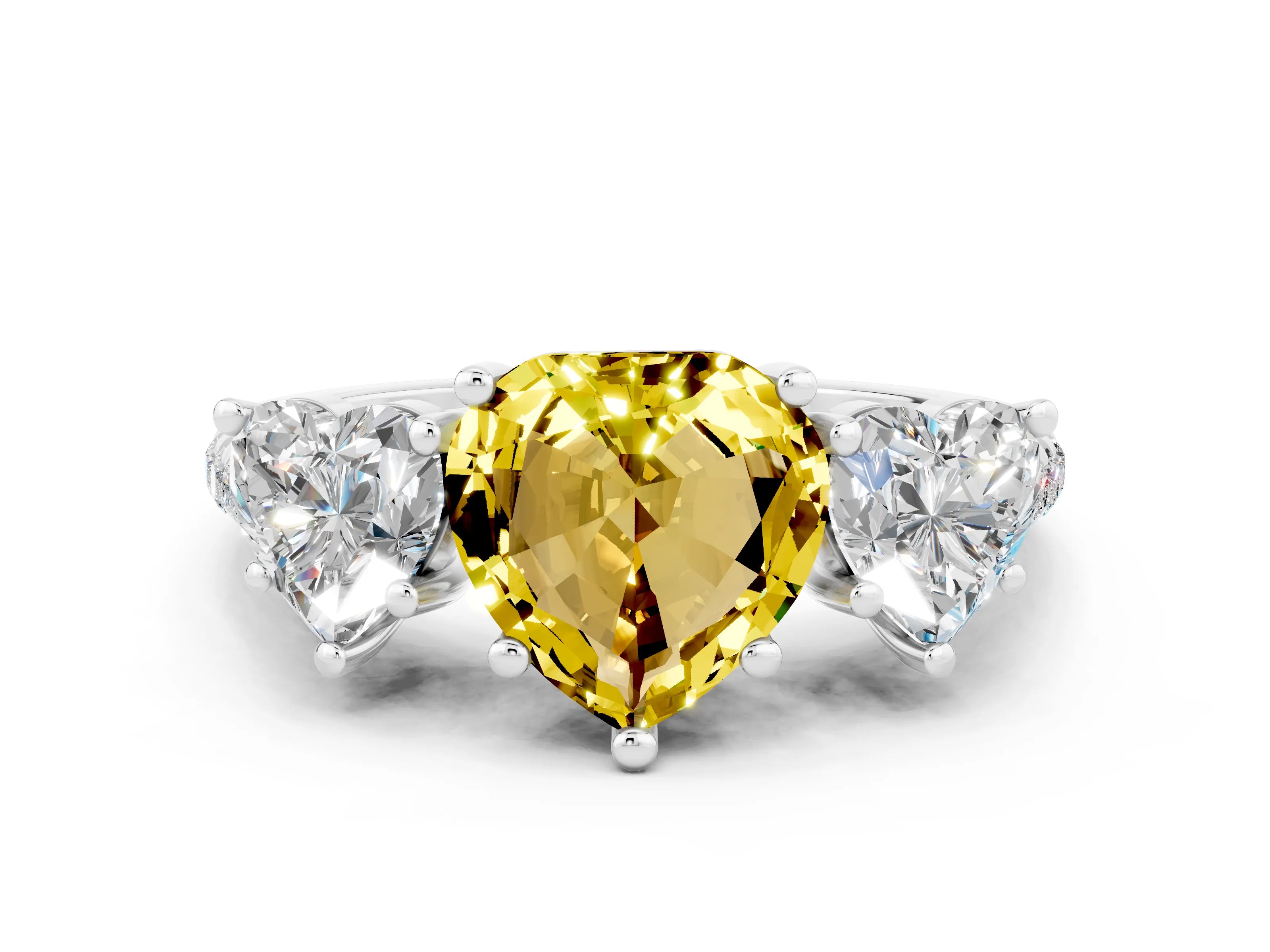 White gold Three-Stone Heart Cut Yellow Sapphire Ring with Pavé Band and Prong Setting_36