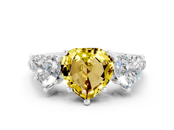 White gold Three-Stone Heart Cut Yellow Sapphire Ring with Round  Pavé Band and Prong Setting