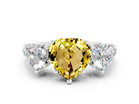White gold Three-Stone Heart Cut Yellow Sapphire Ring with Pavé Band and Prong Setting_36