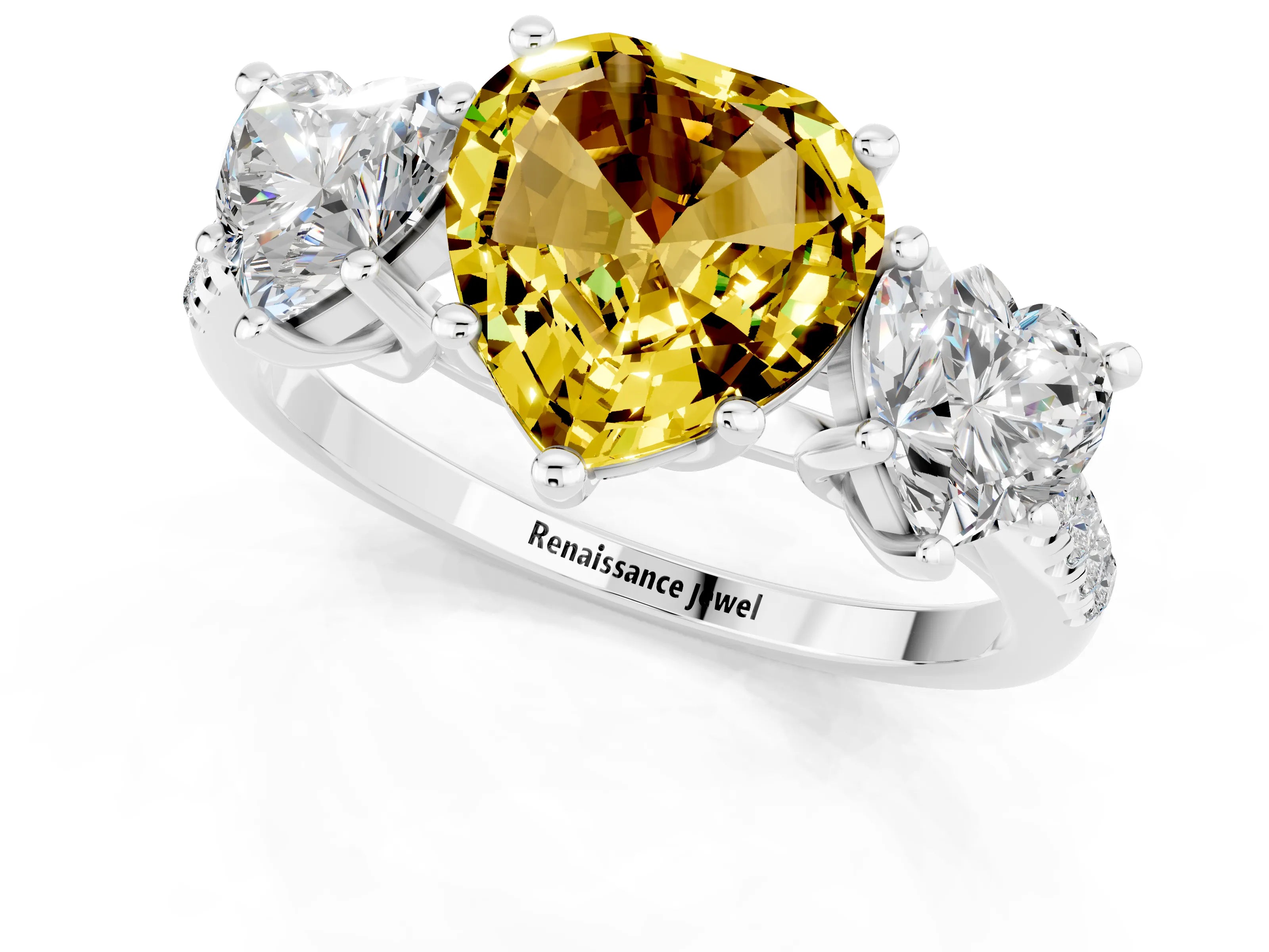 White gold Three-Stone Heart Cut Yellow Sapphire Ring with Pavé Band and Prong Setting_37