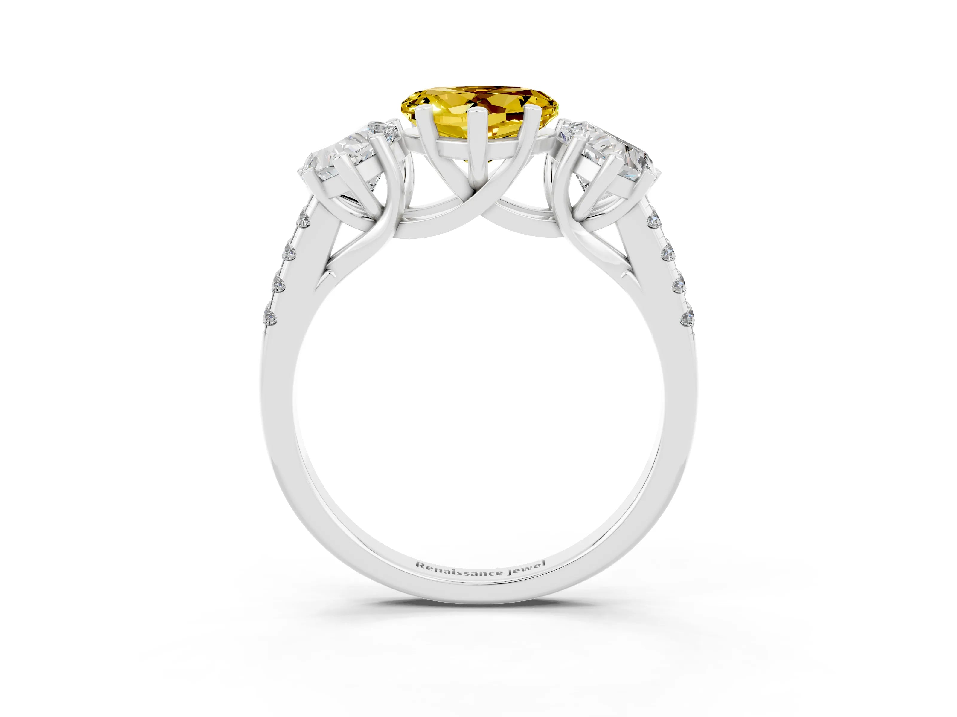White gold Three-Stone Heart Cut Yellow Sapphire Ring with Pavé Band and Prong Setting_39