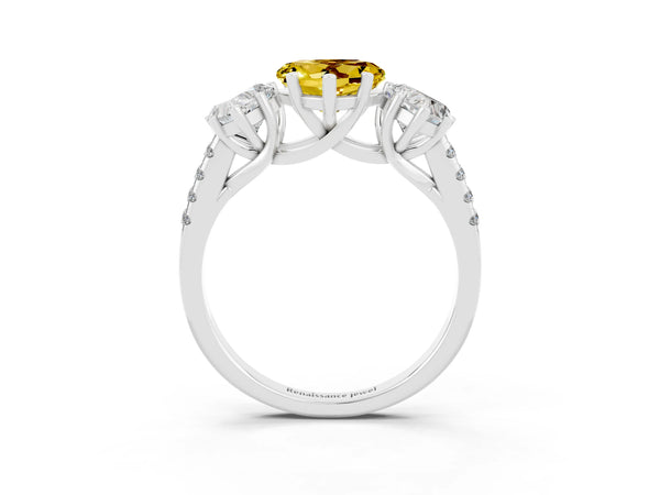 Platinum Three-Stone Heart Cut Yellow Sapphire Ring with Round  Pavé Band and Prong Setting