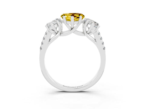 White gold Three-Stone Heart Cut Yellow Sapphire Ring with Pavé Band and Prong Setting_39