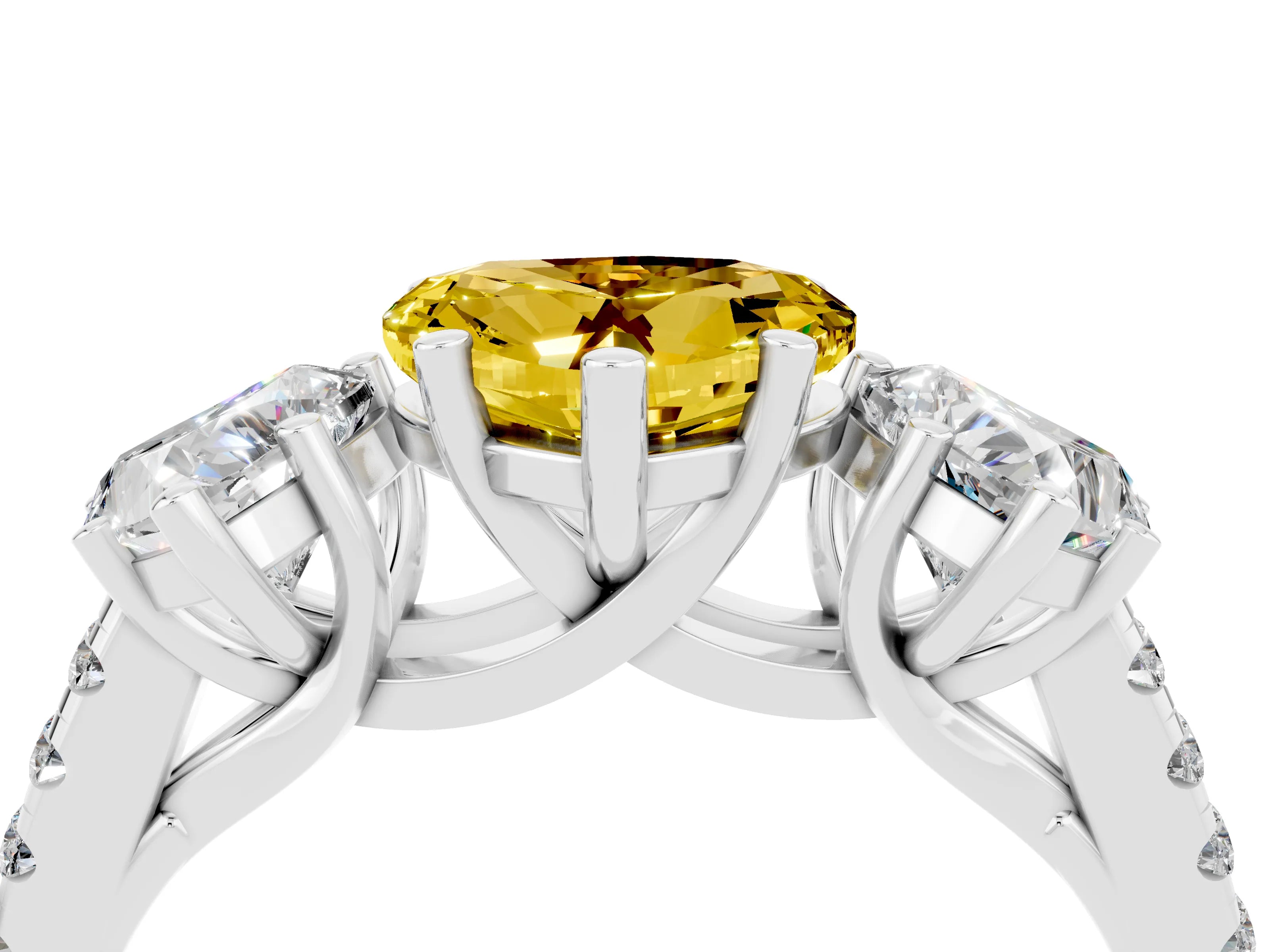White gold Three-Stone Heart Cut Yellow Sapphire Ring with Pavé Band and Prong Setting_40