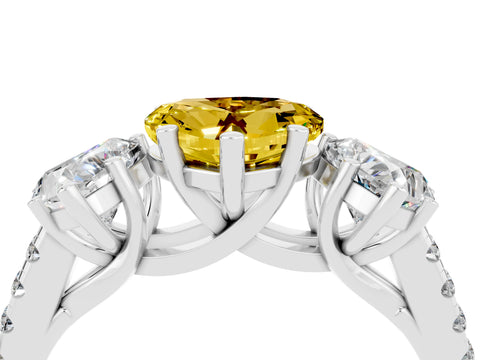 White gold Three-Stone Heart Cut Yellow Sapphire Ring with Pavé Band and Prong Setting_40