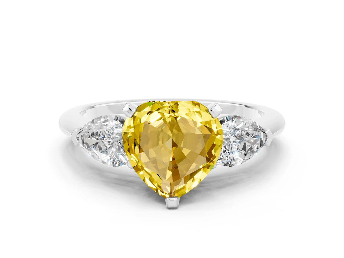 White gold Three-Stone Heart Cut Yellow Sapphire Ring with Pear Side Stones and Four-Prong Setting_24