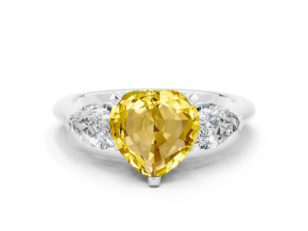 White gold Three-Stone Heart Cut Yellow Sapphire Ring with Pear Side Stones and Four-Prong Setting