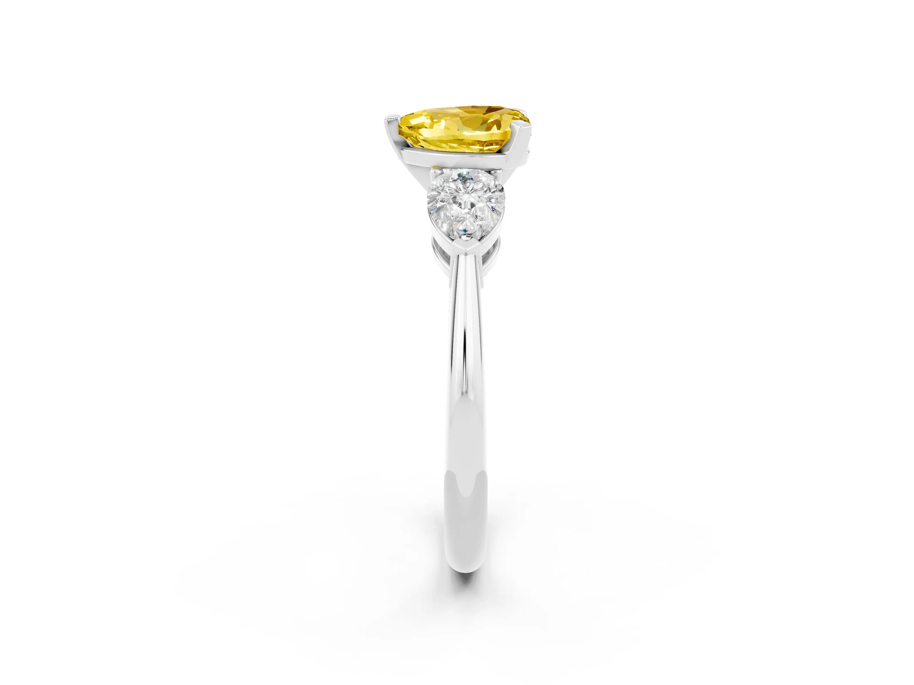 White gold Three-Stone Heart Cut Yellow Sapphire Ring with Pear Side Stones and Four-Prong Setting_26