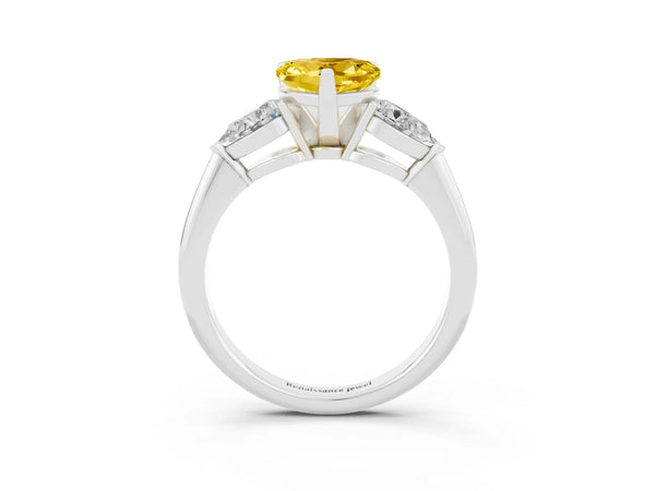 Silver Three-Stone Heart Cut Yellow Sapphire Ring with Pear Side Stones and Four-Prong Setting