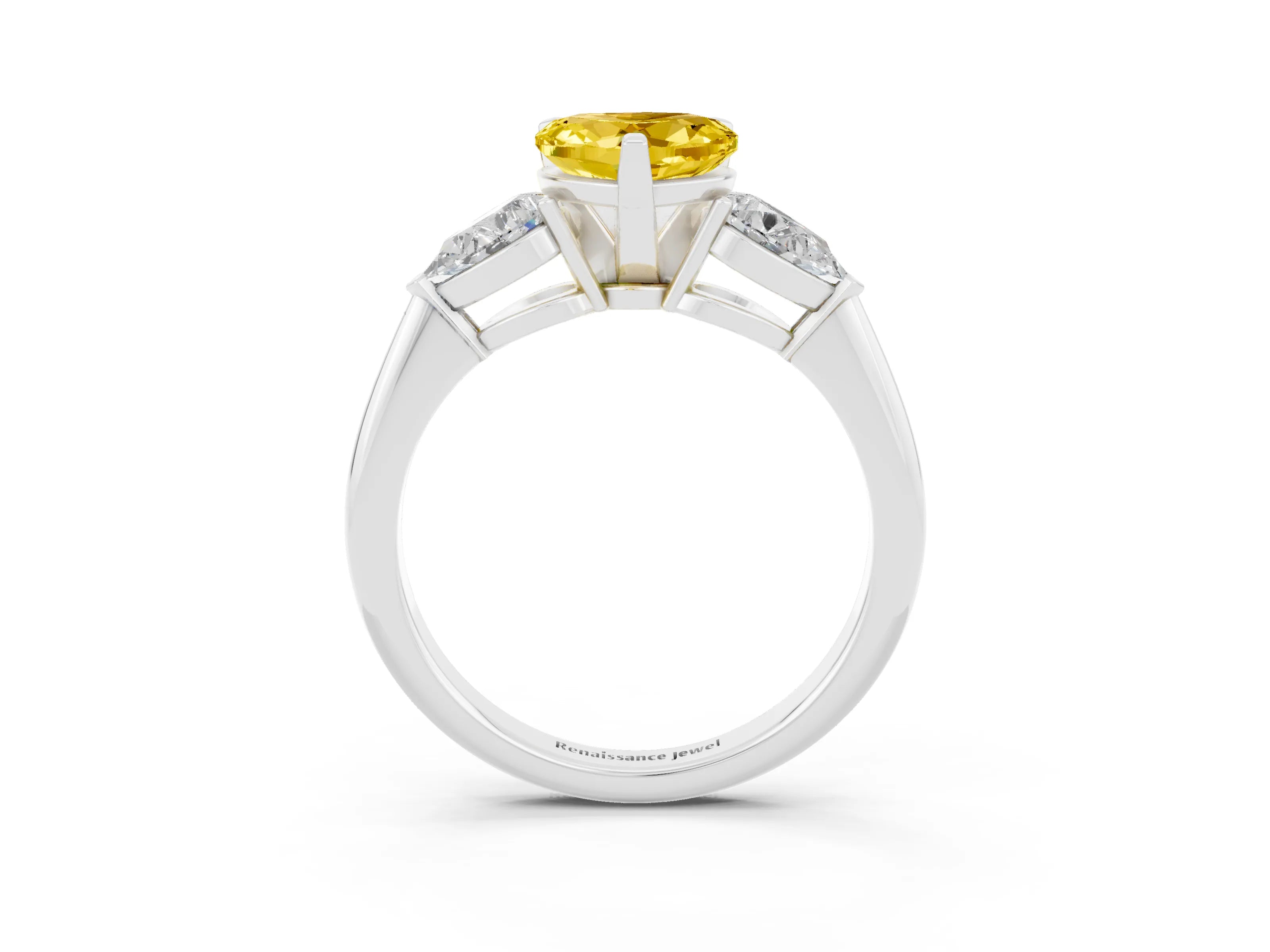 White gold Three-Stone Heart Cut Yellow Sapphire Ring with Pear Side Stones and Four-Prong Setting_27