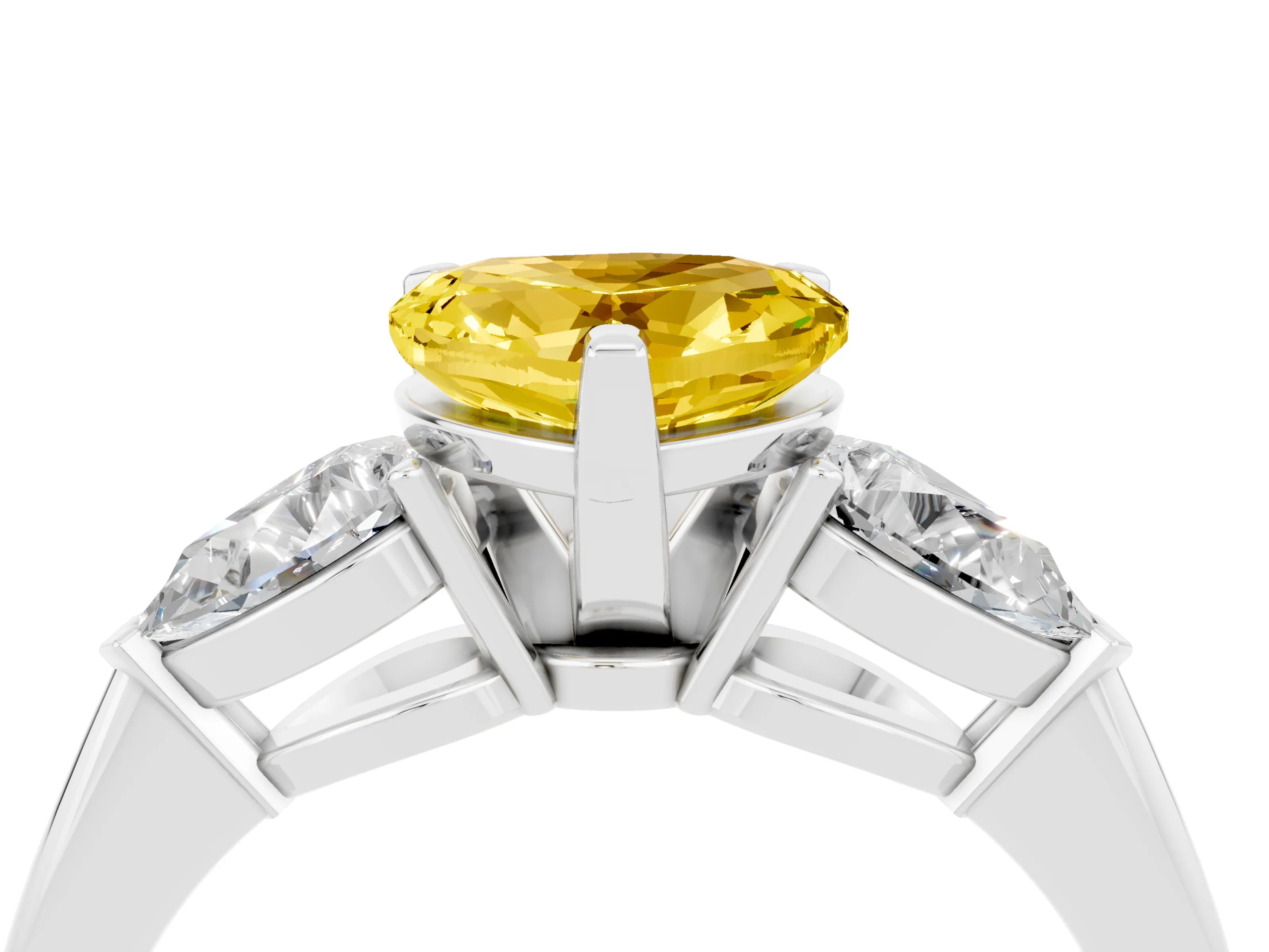 White gold Three-Stone Heart Cut Yellow Sapphire Ring with Pear Side Stones and Four-Prong Setting_28