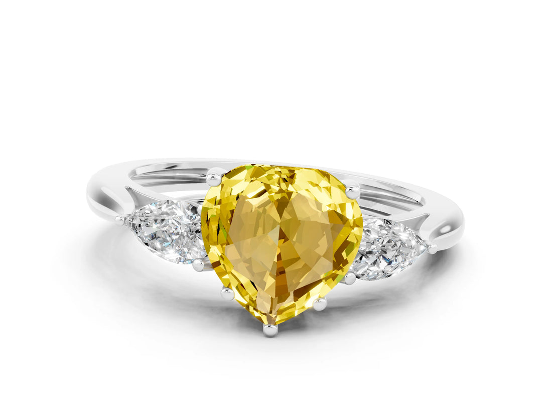 White gold Three-Stone Heart Cut Yellow Sapphire Ring with Pear  Side Stones in Four-Prong Setting_12