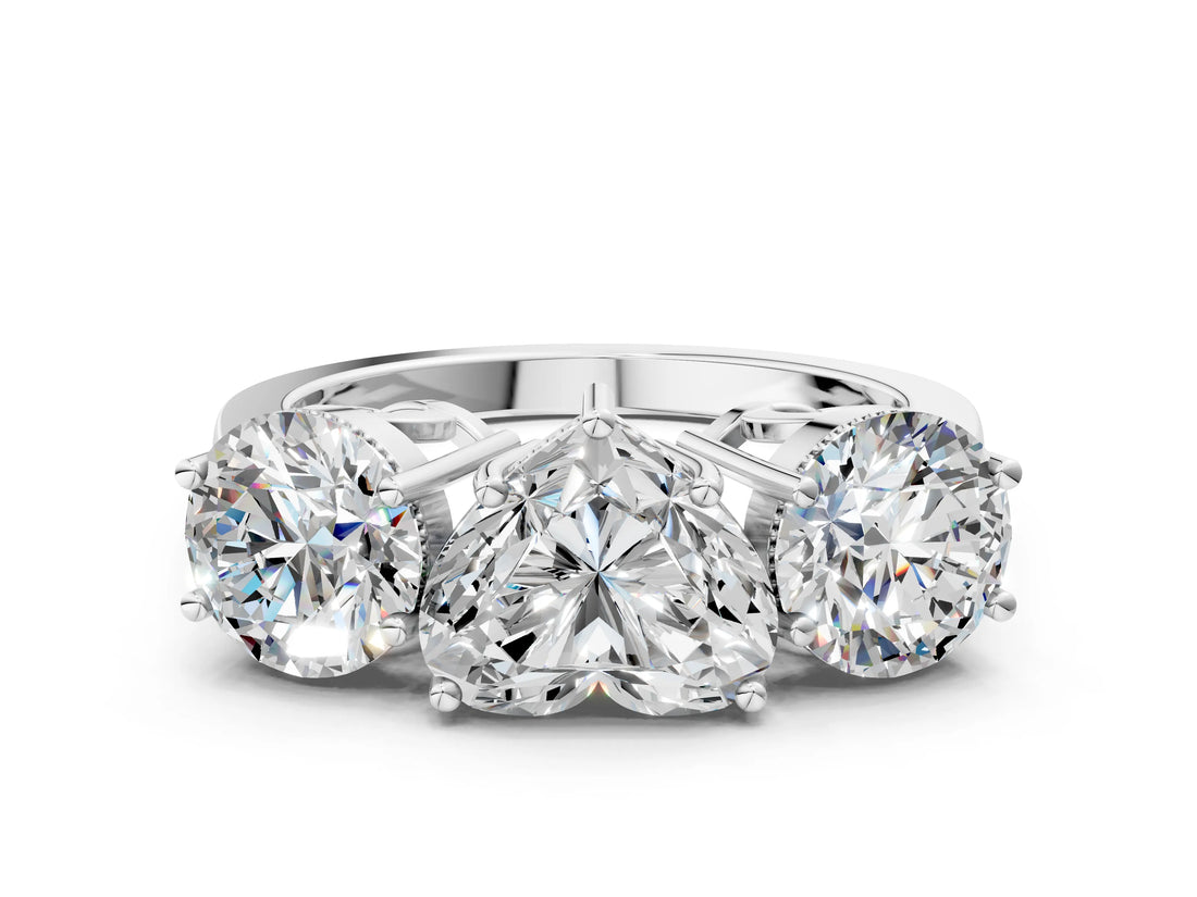 White gold Three-Stone Heart Diamond Engagement Ring with Prong Setting on a Classic Band_3