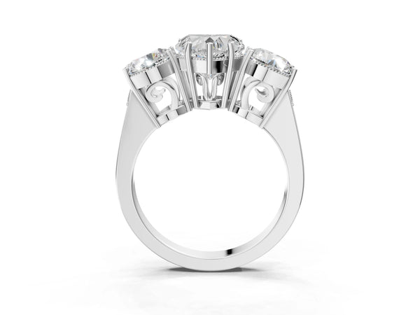 White Gold Heart-Shaped Vintage Three Stone Engagement Ring Setting with Milgrain Baskets