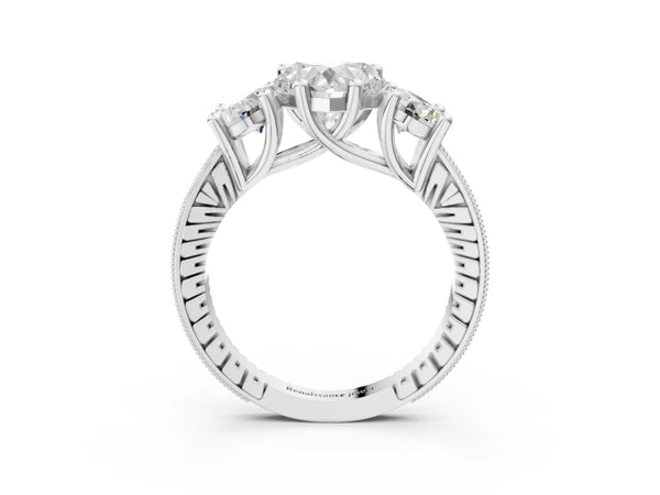 White Gold Heart-Shaped Three-Stone Vintage Engagement Ring Setting with Milgrain Pave Band