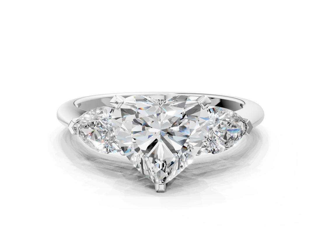 White gold Three-Stone Heart Diamond Ring with Pear Side Stones in Four-Prong Setting_107
