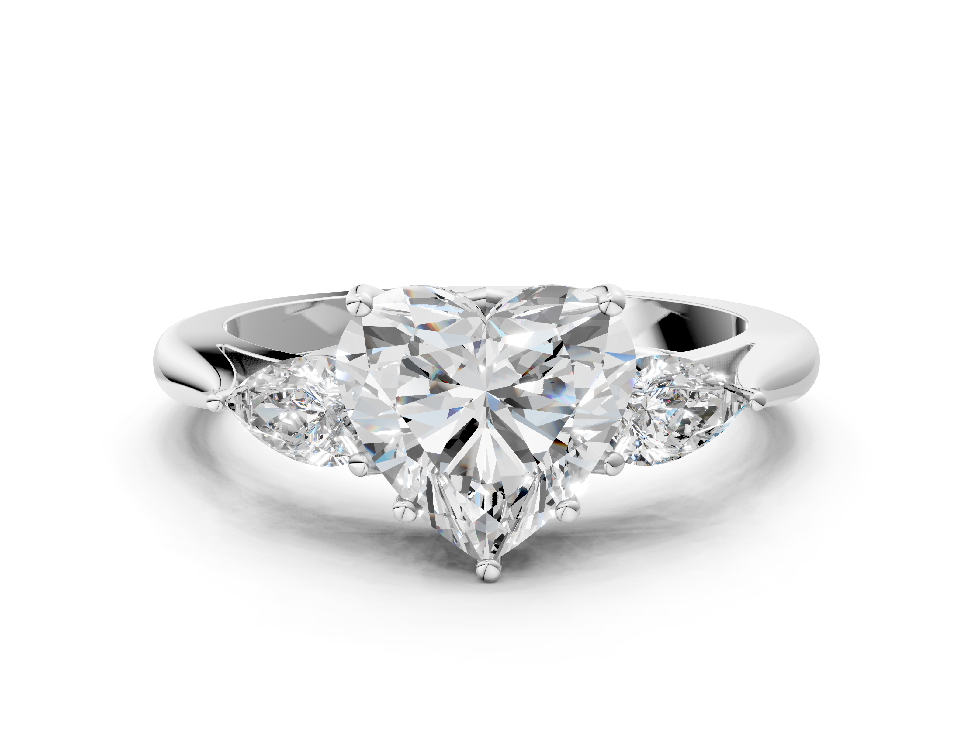 White gold Three-Stone Heart Diamond Solitaire Ring with Pear Side Stones and Four-Prong Setting_45