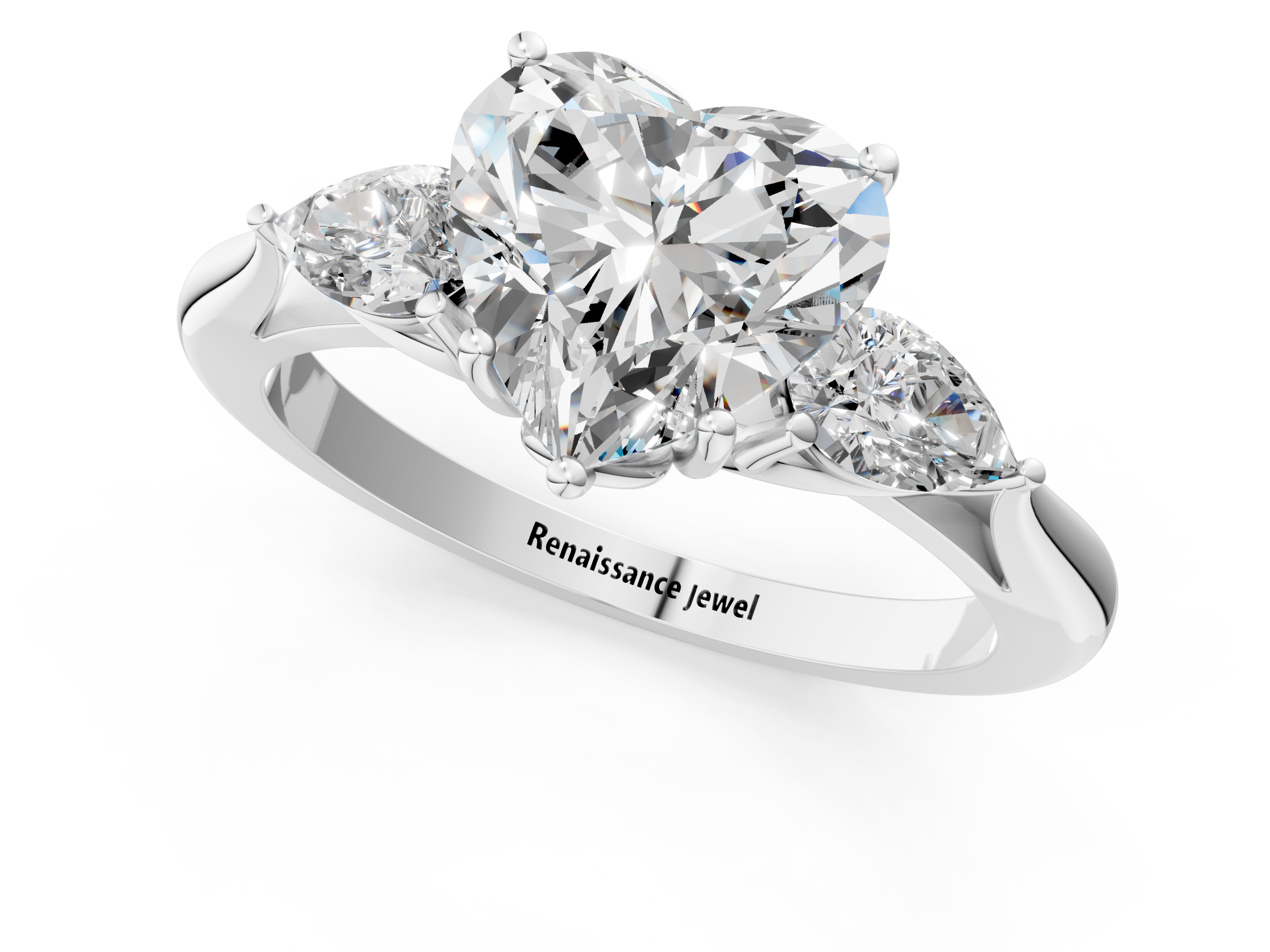 White gold Three-Stone Heart Diamond Solitaire Ring with Pear Side Stones and Four-Prong Setting_46