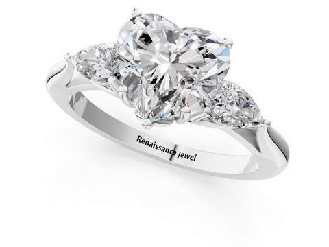 White gold Three-Stone Heart Diamond Solitaire Ring with Pear Side Stones and Four-Prong Setting_46