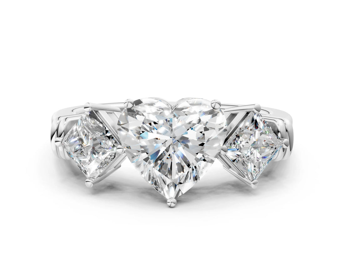 White gold Three-Stone Heart and Princess Cut Diamond Ring with Channel Band and Four-Prong Setting_16